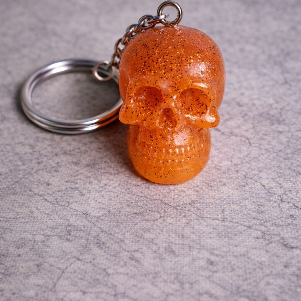 handmade resin Orange Glitter Skull head Keychain